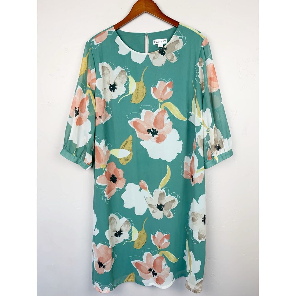 Ava & Viv Shift Midi Dress Plus Size Green Floral Half Sleeve Women's 1X